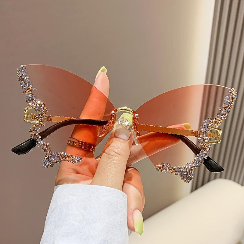 Rimless Butterfly Glasses For Women, Bling Rhinestone, Gradient Decorative Shades, Lightweight Silicone Nose Rest, Curved Leg Design, Costume Party Prom Fashion Accessories