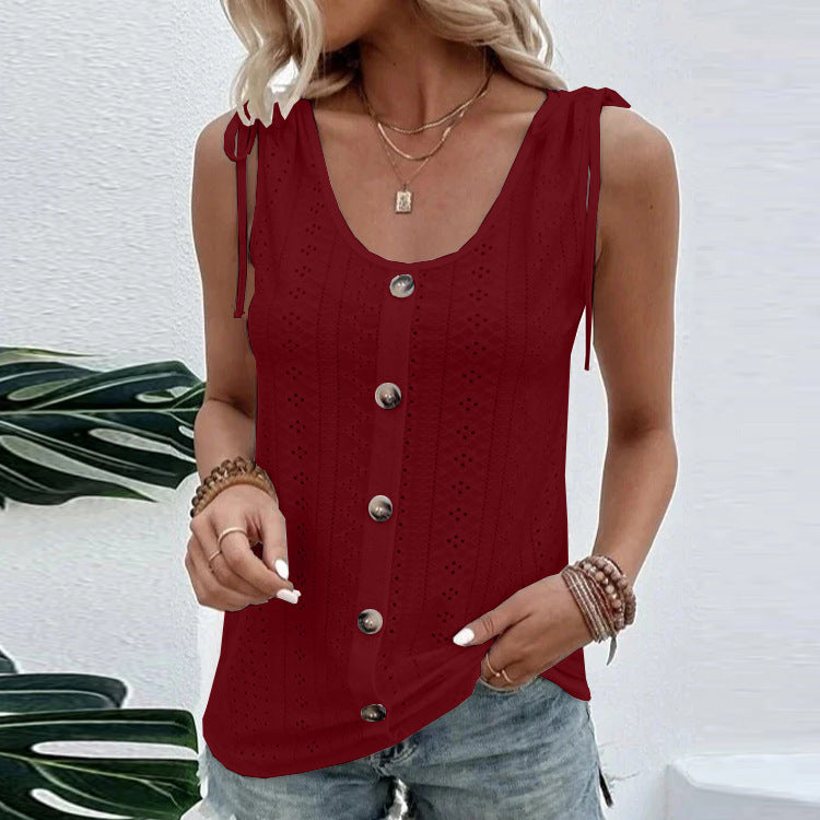 Casual Solid Color U-neck Vest Women Shoulder With Bow Tie Tops Summer T-shirt