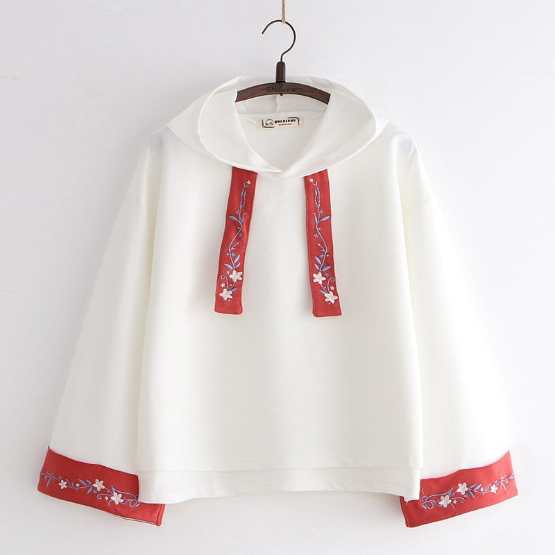 Embroidery Hooded Solid Color Hoodie For Women