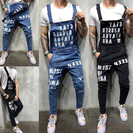 Men's braces ripped jeans jumpsuit men pants