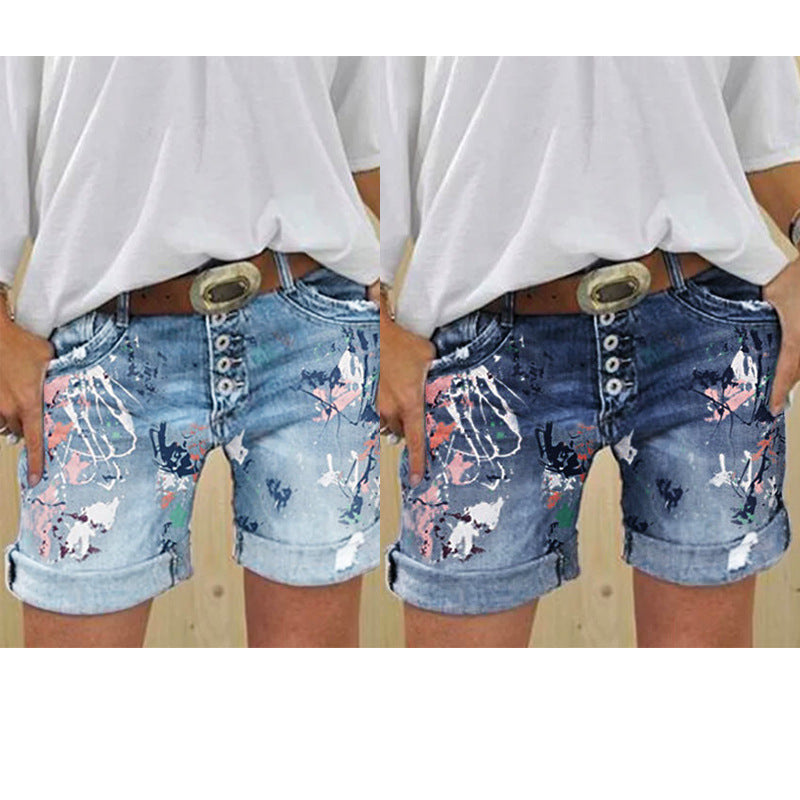 Shorts washed printed jeans