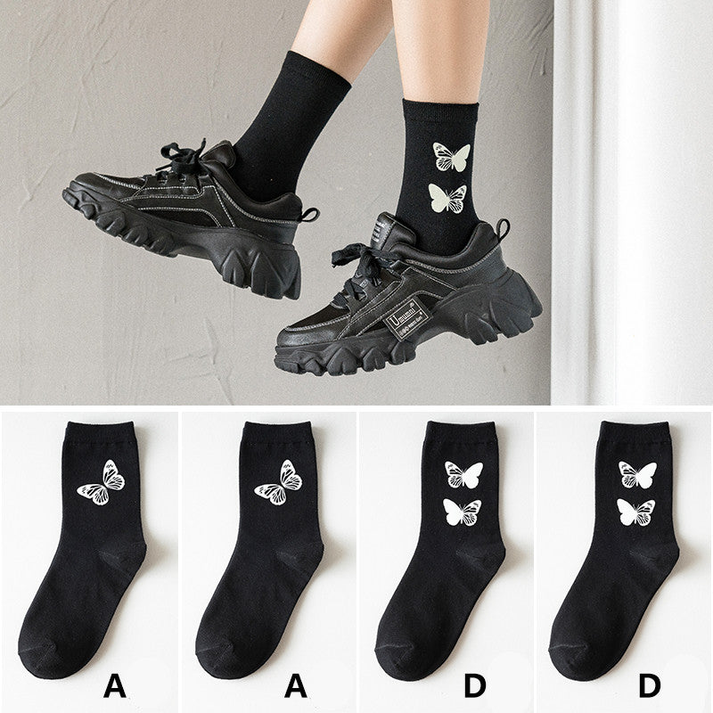 Black socks women luminous butterfly tube socks