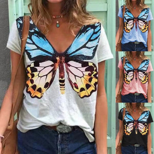 Summer Butterfly Print Short Sleeve V-Neck T-Shirt Women