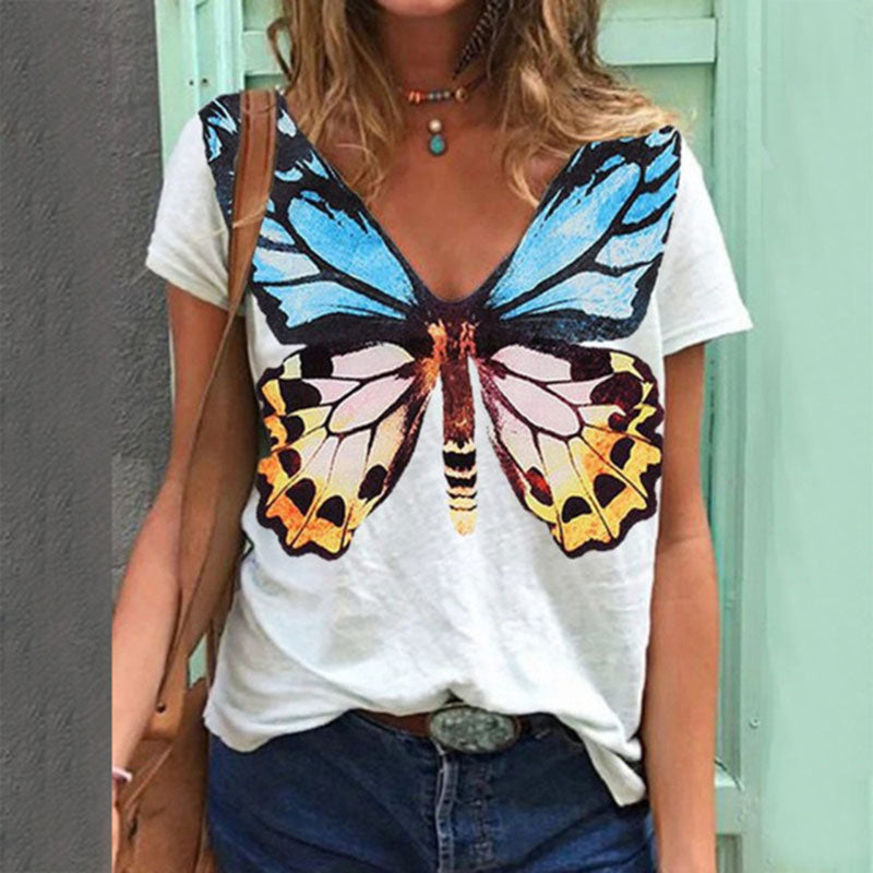 Summer Butterfly Print Short Sleeve V-Neck T-Shirt Women