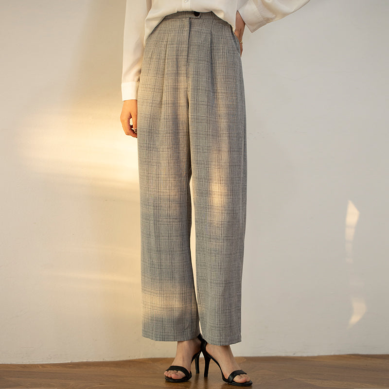 Plaid Wide Leg Pants Women High Waist Spring