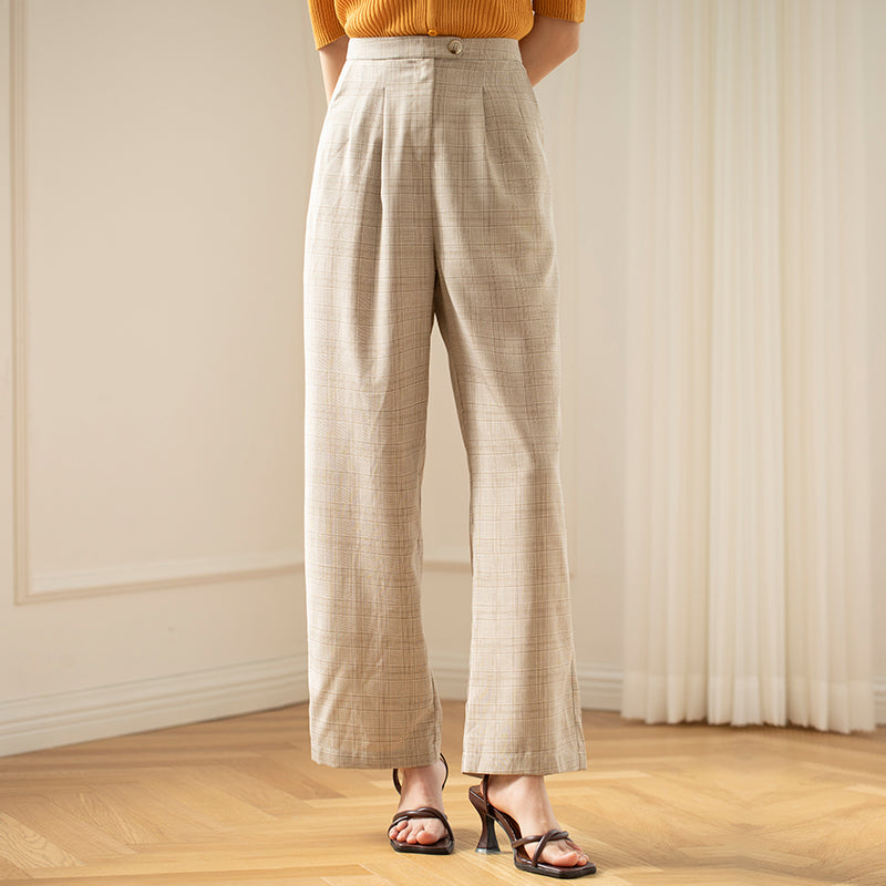 Plaid Wide Leg Pants Women High Waist Spring