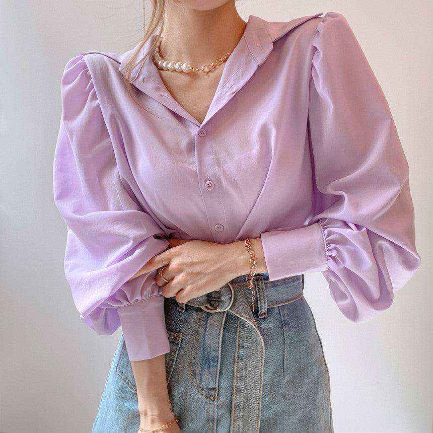 Lapel Single-Breasted Blouse With Lantern Sleeves Women