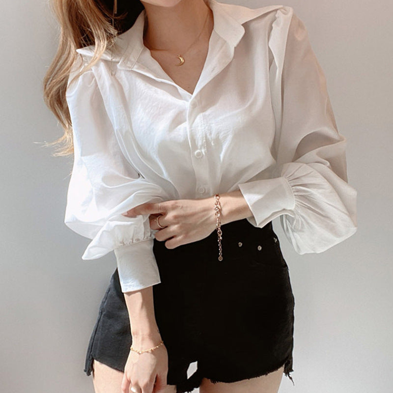 Lapel Single-Breasted Blouse With Lantern Sleeves Women