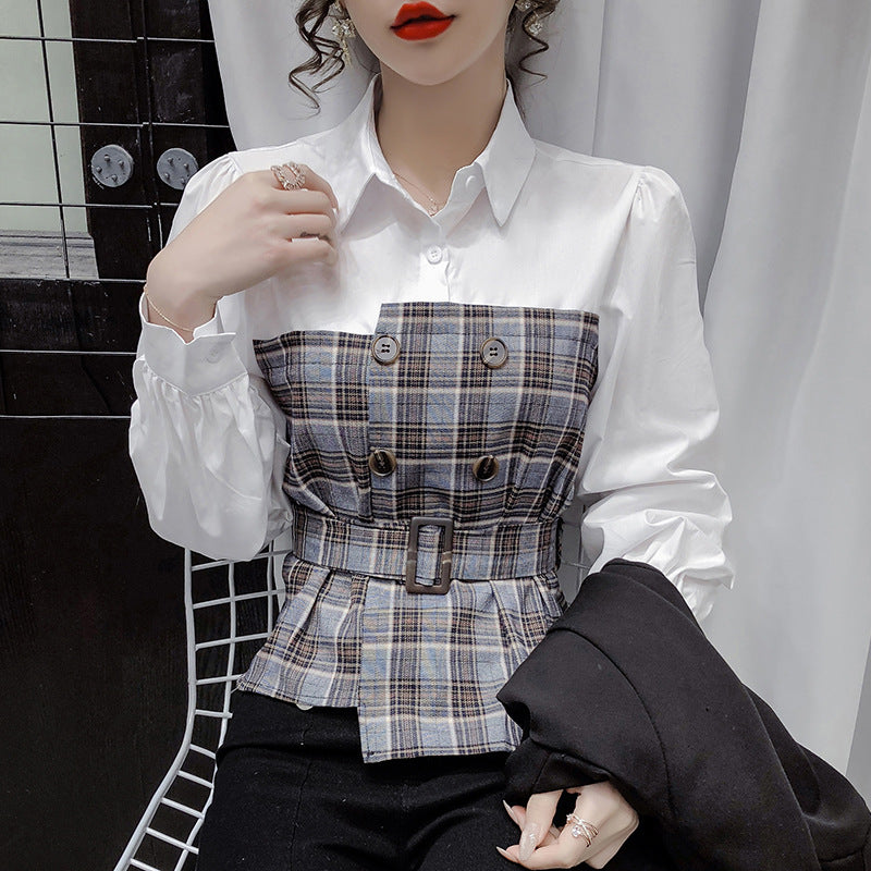 Women s Fake Two Piece Blouse With Plaid Shirt