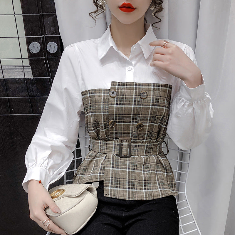 Women s Fake Two Piece Blouse With Plaid Shirt