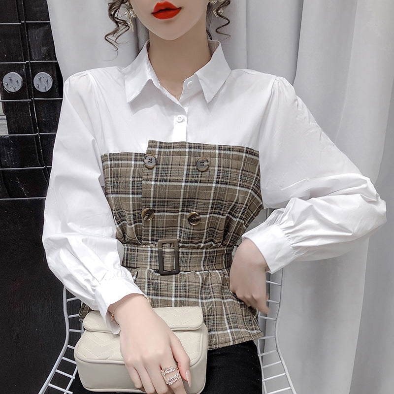 Women s Fake Two Piece Blouse With Plaid Shirt