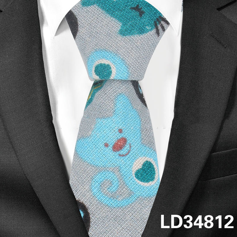 Cartoon Men And Women Tie Cotton, Linen Animal And Plant Print Tie Narrow Version 6cm