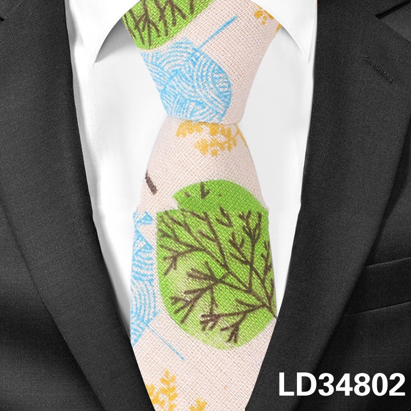 Cartoon Men And Women Tie Cotton, Linen Animal And Plant Print Tie Narrow Version 6cm