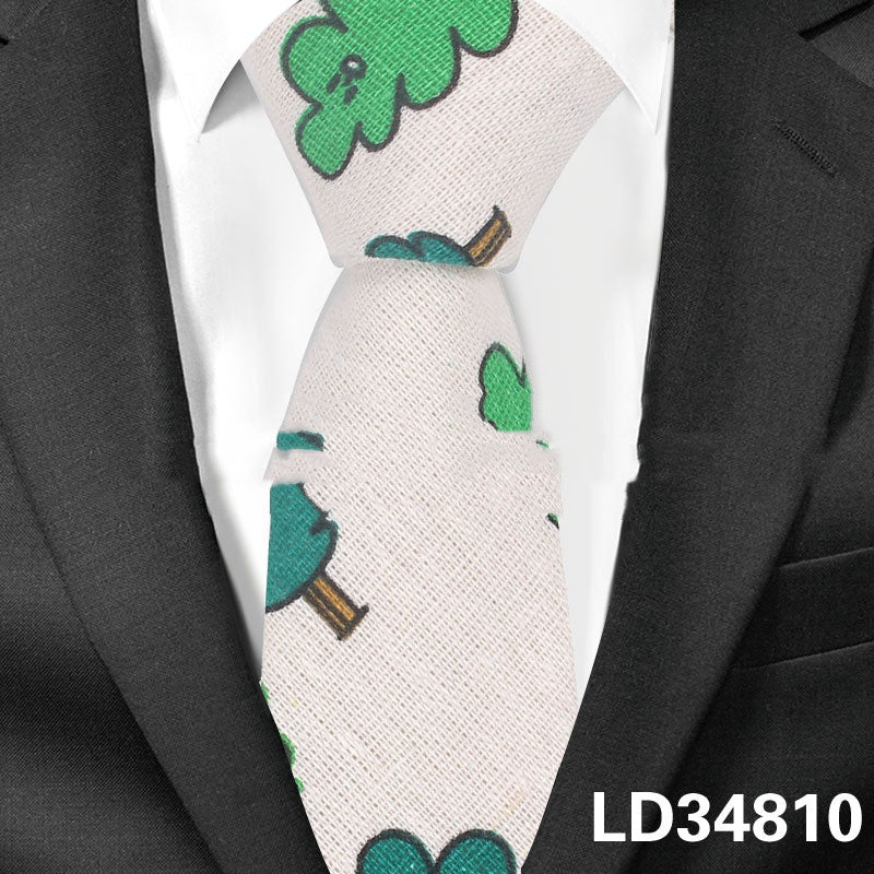 Cartoon Men And Women Tie Cotton, Linen Animal And Plant Print Tie Narrow Version 6cm