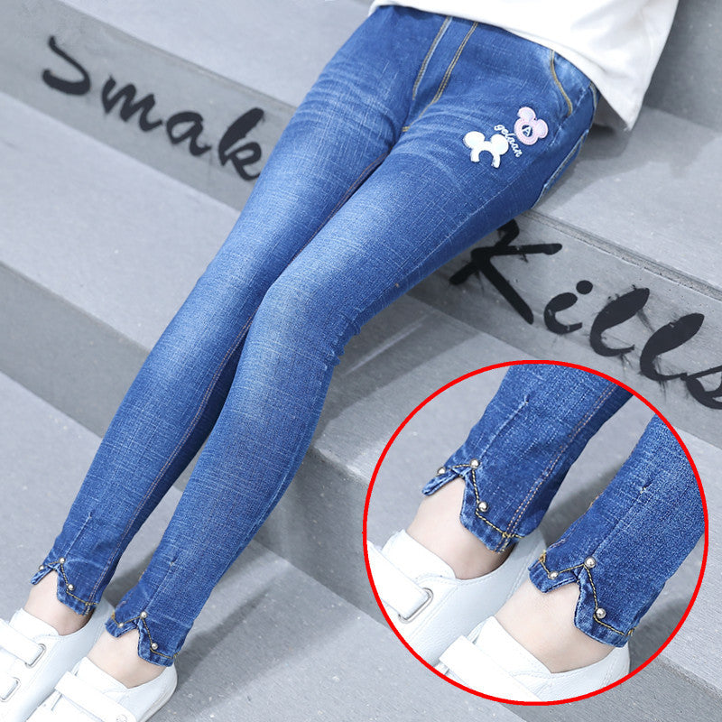 Korean Children"s Clothing Girls" Spring New Fashion Five Pointed Star Skinny Jeans