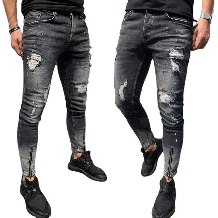 The New Cross-Border Fashion Ripped Youth Clothes Zipper ElasticFeet Js Men