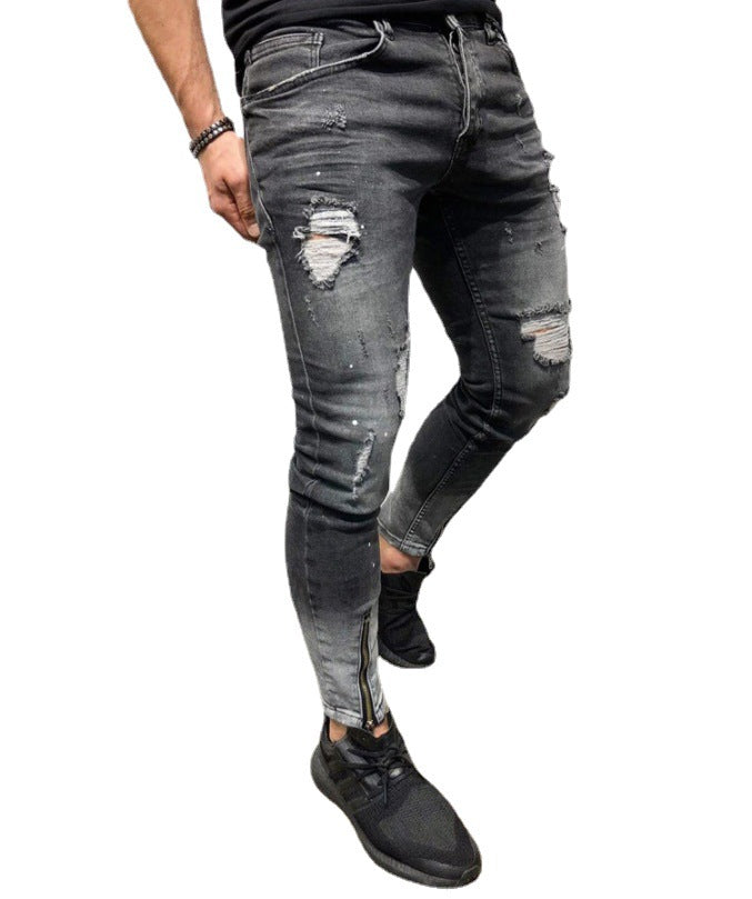 The New Cross-Border Fashion Ripped Youth Clothes Zipper ElasticFeet Js Men