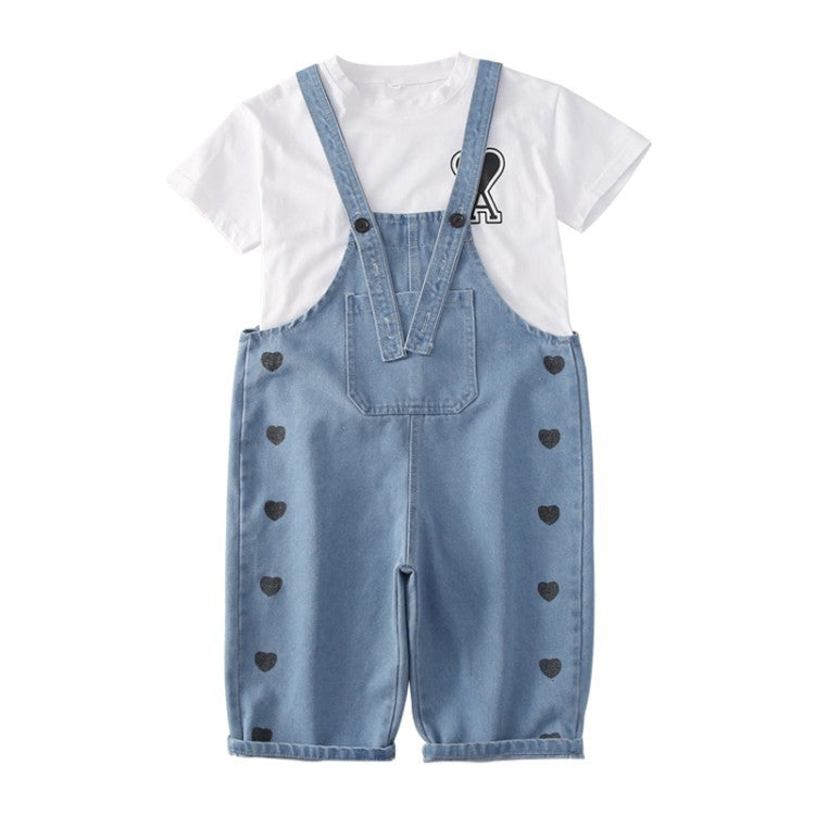 New Trendy White Cotton T Shirt  Denim Bib Suit Cotton Girls Two Piece Clothing