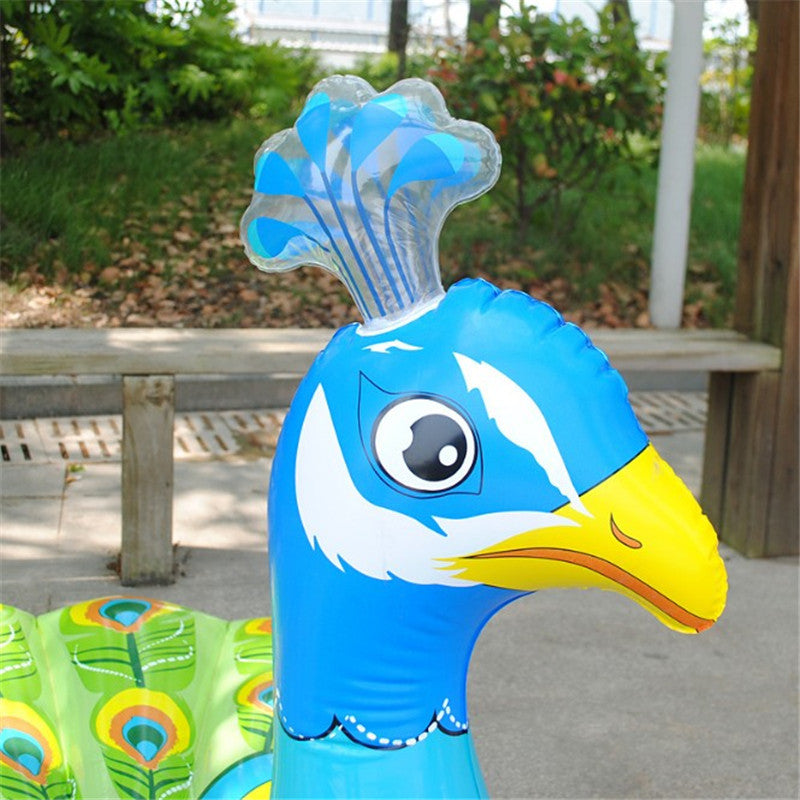 A Peacock Floats An Inflatable Toy On The Water