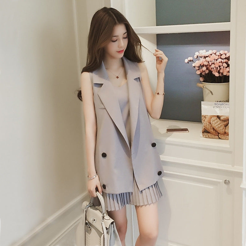 Vintage Mini Pleated Dress Suits With Double Breasted Blazer Jacket