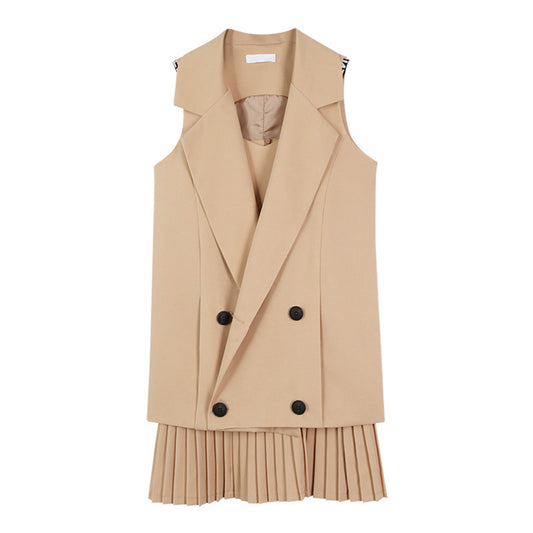 Vintage Mini Pleated Dress Suits With Double Breasted Blazer Jacket