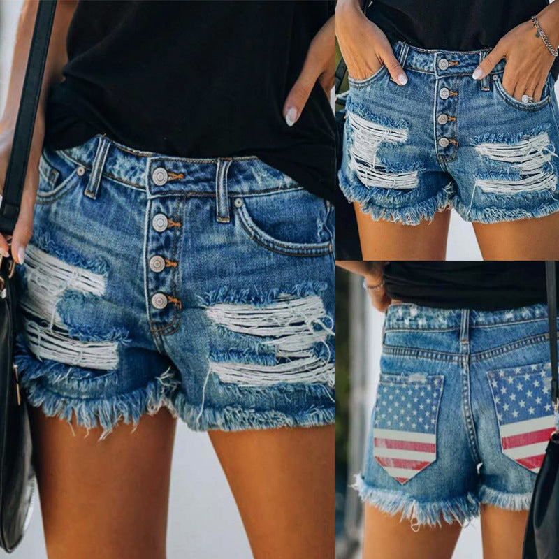 Summer Jeans Women Print Shorts With Ripped Fringe Fringe