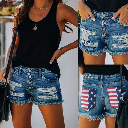 Summer Jeans Women Print Shorts With Ripped Fringe Fringe