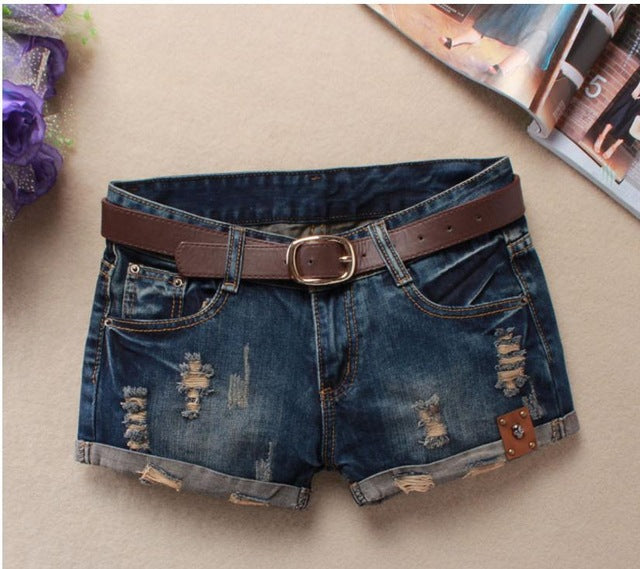 Women Denim Shorts Mini Rivet Holes Jeans Low Waist