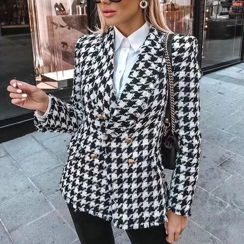 Houndstooth jacket women autumn retro thick plaid jacket