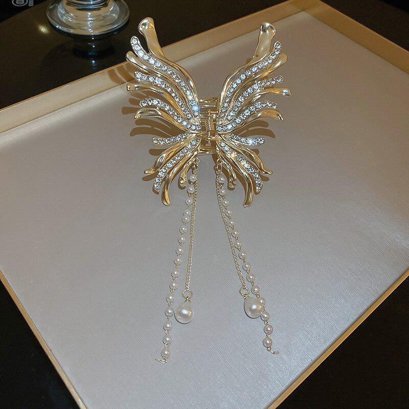 Rhinestone Butterfly Faux Pearl Tassel Hair Claw Clip Elegant Non-Slip Strong Hold Grip Hair Jaw Clip For Thick Hair Accessories