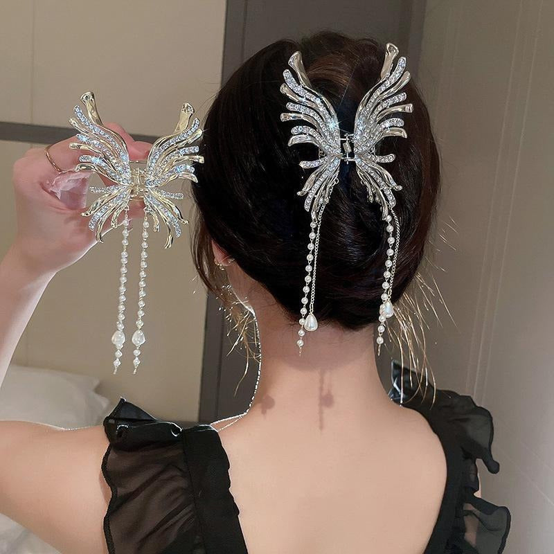 Rhinestone Butterfly Faux Pearl Tassel Hair Claw Clip Elegant Non-Slip Strong Hold Grip Hair Jaw Clip For Thick Hair Accessories