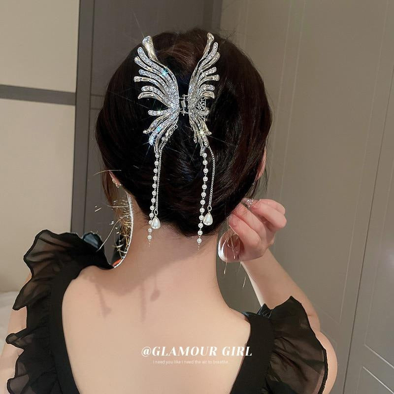 Rhinestone Butterfly Faux Pearl Tassel Hair Claw Clip Elegant Non-Slip Strong Hold Grip Hair Jaw Clip For Thick Hair Accessories