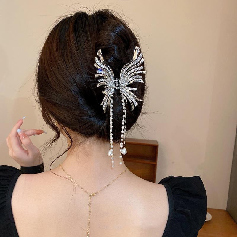 Rhinestone Butterfly Faux Pearl Tassel Hair Claw Clip Elegant Non-Slip Strong Hold Grip Hair Jaw Clip For Thick Hair Accessories