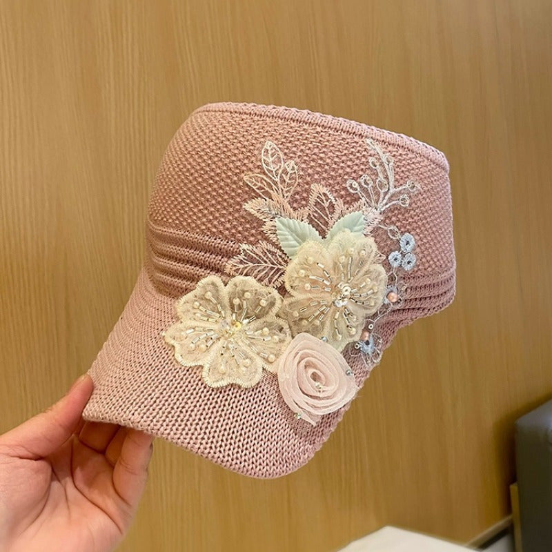 1pc Stylish Floral Embellished Knit Fabric Breathable Mesh Baseball Cap - Adjustable, Elastic, Hand Washable, Spring/Summer Open Top Sun Visor Hat for Women - Fashionable and Comfortable Accessory