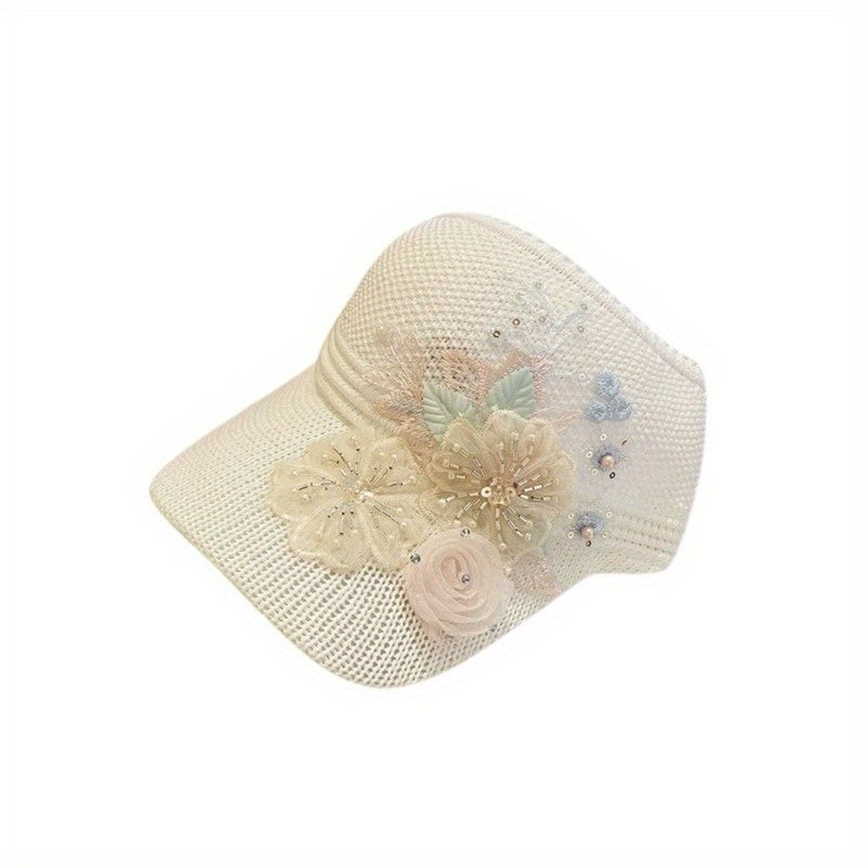 1pc Stylish Floral Embellished Knit Fabric Breathable Mesh Baseball Cap - Adjustable, Elastic, Hand Washable, Spring/Summer Open Top Sun Visor Hat for Women - Fashionable and Comfortable Accessory