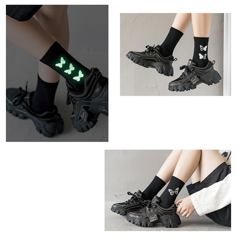 Black socks women luminous butterfly tube socks