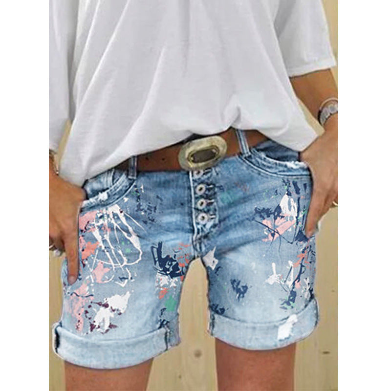 Shorts washed printed jeans