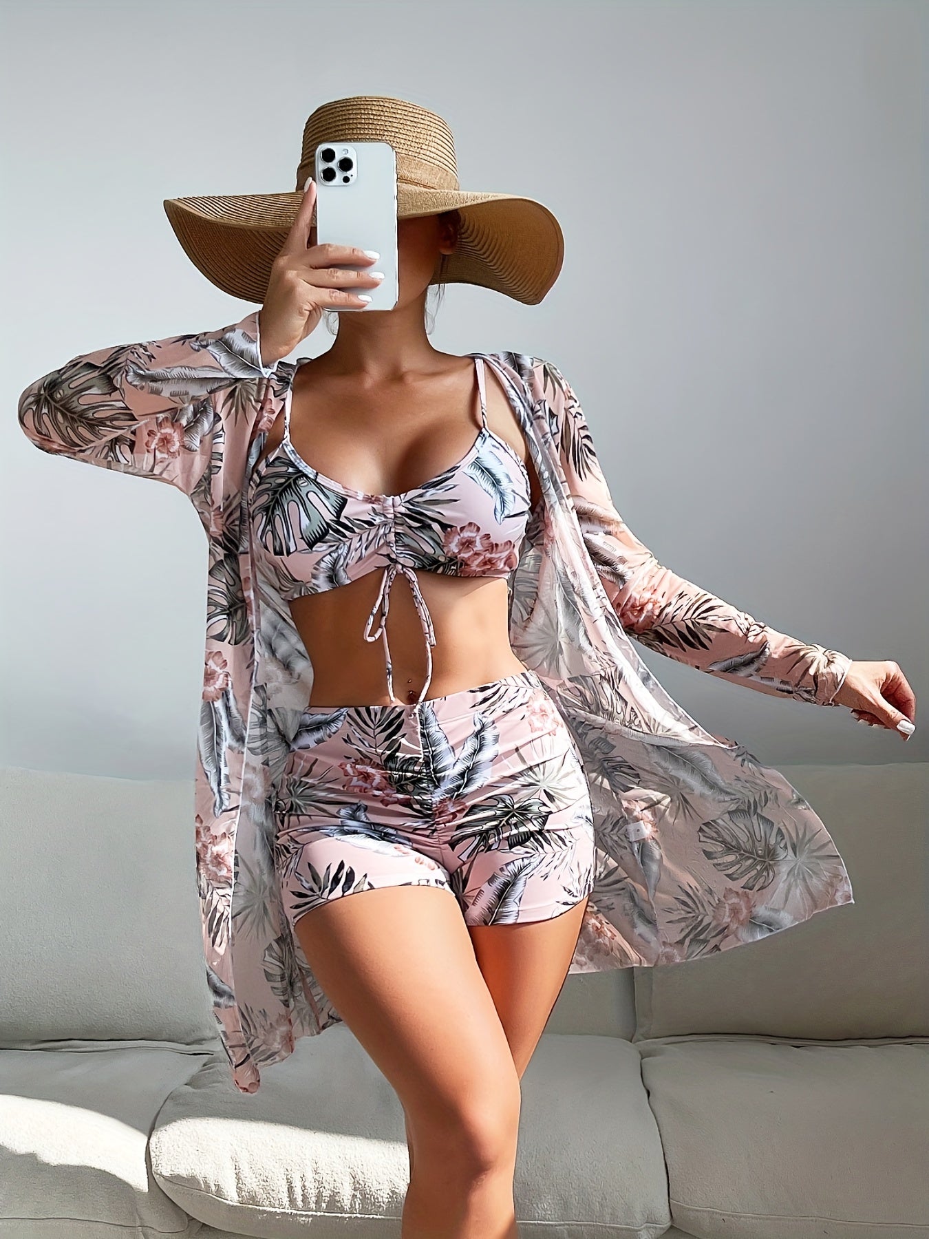 3-Piece Chic Geometric Bikini Set with V-Neck & Boxer Short Bottoms - Includes Long Sleeve Cover-Up Shirt, Perfect for Beachwear and Valentine's Day