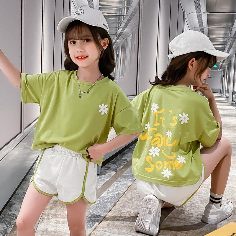 Girls' Back Chrysanthemum Suit Children's Clothing Fashion Western Style Korean Sports Short Sleeve Two-piece Suit