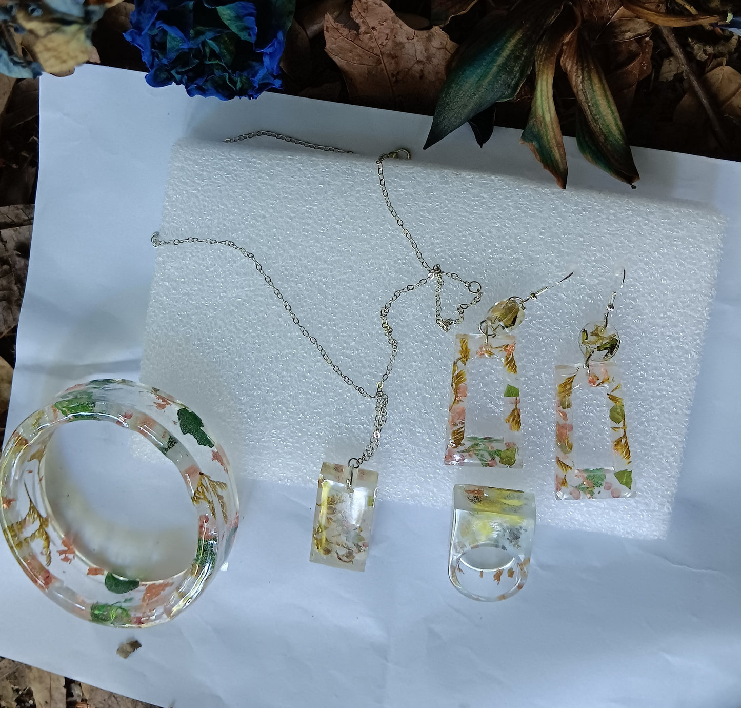 Handmade Jewelry in set. inspired by enchanting the beauty of the natural word for mystical vivid touch to your jewelry collections. New collection Bohemian nature made by JV art beauty made. with natural flowers