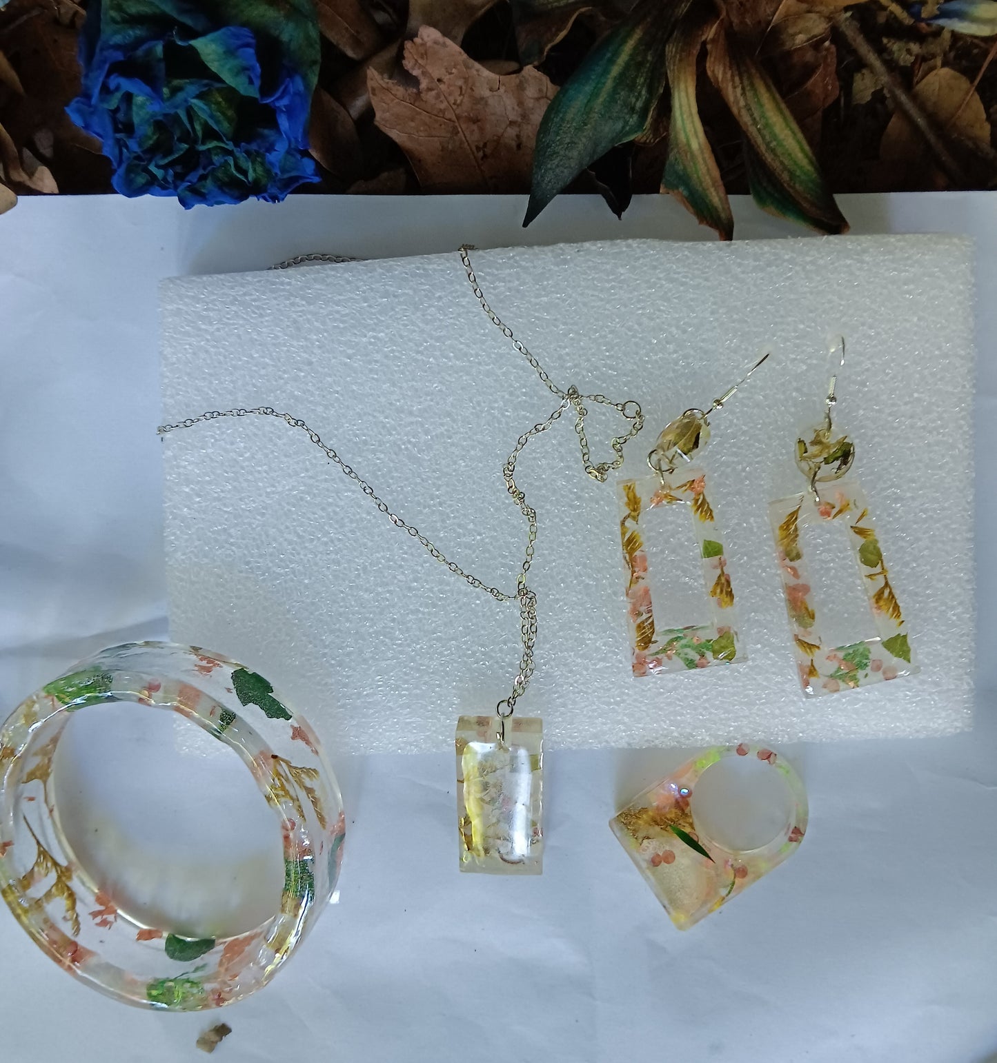 Handmade Jewelry in set. inspired by enchanting the beauty of the natural word for mystical vivid touch to your jewelry collections. New collection Bohemian nature made by JV art beauty made. with natural flowers