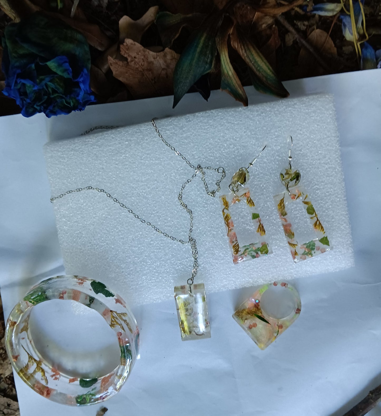 Handmade Jewelry in set. inspired by enchanting the beauty of the natural word for mystical vivid touch to your jewelry collections. New collection Bohemian nature made by JV art beauty made. with natural flowers