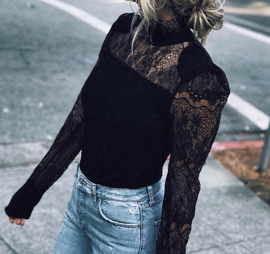 Fashion Casual Women's Ladies Blouses Long Sleeves Sheer Tops Floral Lace Blouse Shirt Top Blouse Black Clothing Turtleneck