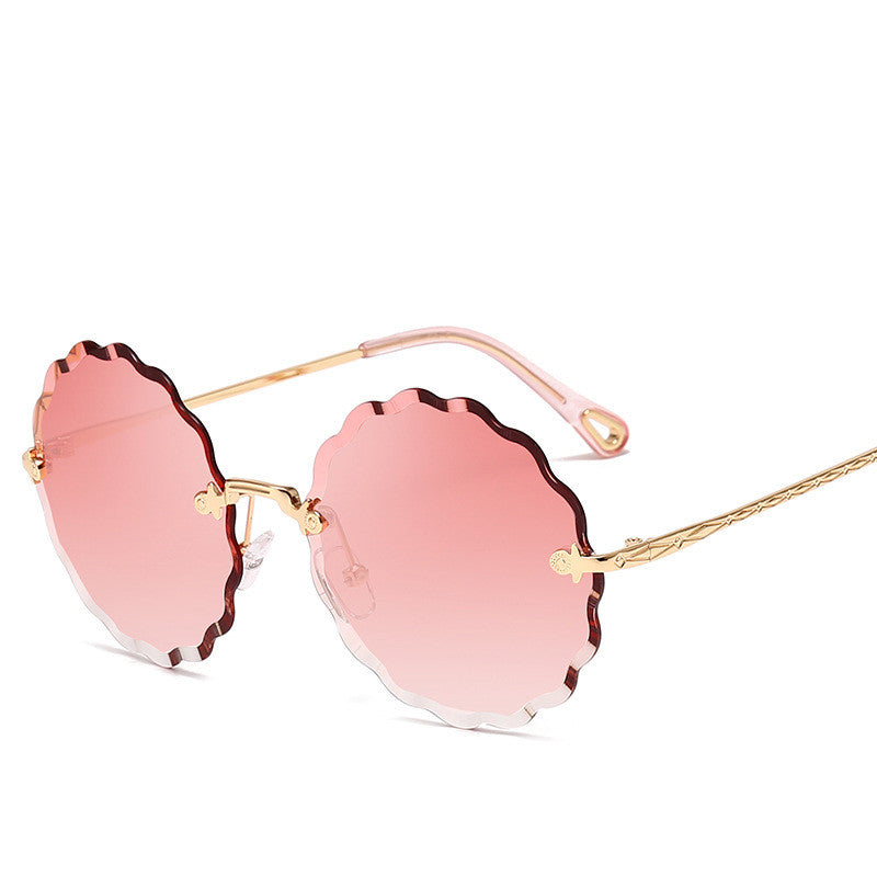 Lady Round Rimless Sunglasses Women Diamond Cut Lens