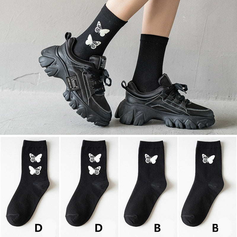 Black socks women luminous butterfly tube socks