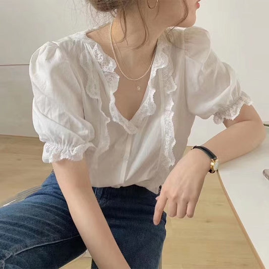 Lace Lace V-neck Short-sleeved White Shirt Woman