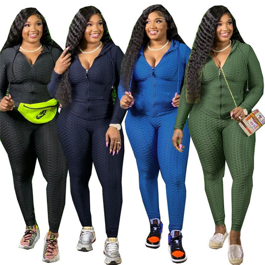 Solid Color Fat Women Plus Size Two Piece Set Sport Suitt