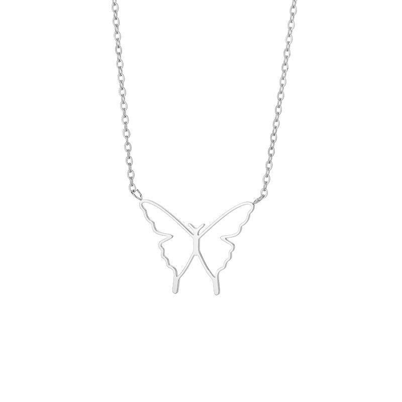 Women's Fashionable Elegant Stainless Steel Hollow Butterfly Wings Pendant Necklace