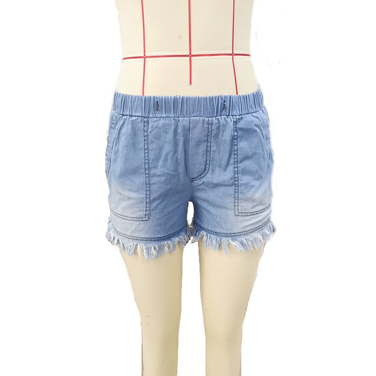 Fringed elastic loose jeans shorts