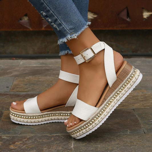 Summer Sandals Buckle Strap Hemp Wedges Platform Peep Toe Shoes Women